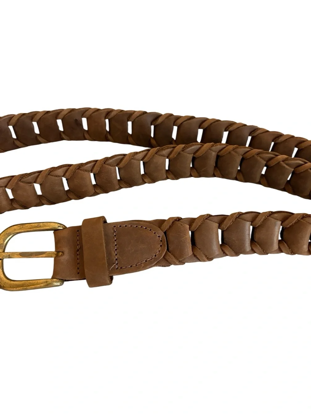 Vintage Argentina Men's Woven Leather Link Belt Brass Buckle Brown Size 40